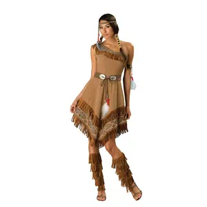 Fancy Dress Cosplay Wild Indian Princess Halloween Costume Dress Up for Women Adults Headwear Armband Belt Party Costumes