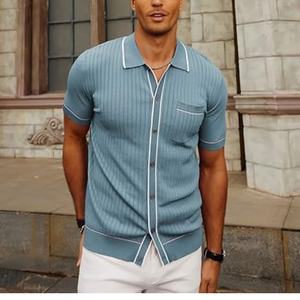 Chemise décontractée tricotée pour homme à manches courtes, col rabattu, bordure contrastante côtelée, anti-rétrécissement, simple boutonnage, idéale pour l'été - Product Image 5
