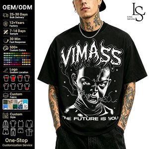 เสื้อยืดลายกราฟิกสีดำล้วน LINGSHANG เย็บตะเข็บไหล่เสริมความแข็งแรง ทรงหลวม สไตล์โกธิคสำหรับ<span class=keywords><strong>ผู้ชาย</strong></span> เสื้อยืดแนวสตรีทแฟชั่น - Product Image 1