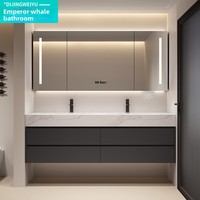 Meuble de salle de bain avec double vasque et miroir, combinant lavabo et table de toilette, avec vasque en porcelaine monobloc, sur pied