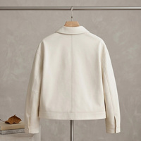 Veste en peau de mouton pour femme, col chemise ivoire, broderie florale perlée, fermeture à boutons-pression, coupe ample, courte, décontractée, en cuir