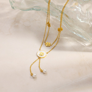 สร้อยคอรูปใบโคลเวอร์สี่แฉก ชุบทอง โลหะผสมสังกะสี สายคู่ ประดับมุก ของขวัญเครื่องประดับแฟชั่น - Product Image 3