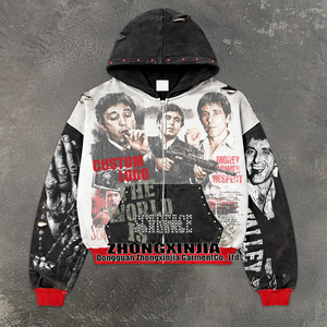 Sudadera con capucha con cremallera, estilo streetwear, con estampado <span class=keywords><strong>de</strong></span> retrato vintage <span class=keywords><strong>de</strong></span> la película Scarface, con pedrería, lavado ácido, efecto desgastado y gráfico <span class=keywords><strong>de</strong></span> gangster. - Product Image 1