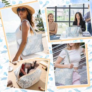 Borsa tote trapuntata floreale di grande capacità, borsa patchwork da donna con tasca con cerniera, borsa leggera per università, shopping e scuola - Product Image 6