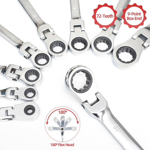 9pcs Auto Repair Ratchet Wrench CRV Metric Flexible Head Ratchet Combination Spanner Set
