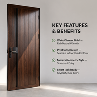 Porte d'entrée extérieure de luxe moderne en bois massif, anti-effraction, avec panneau géométrique, poignée longue et serrure intelligente sécurisée pour maison