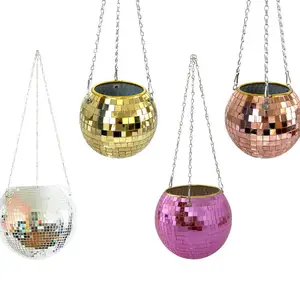 High-Quality 4" 6" 8" 11" Round Gold Hanging Disco Ball Planter With Chain Indoor Flower Pot Outdoor Garden Party Deco Designs
