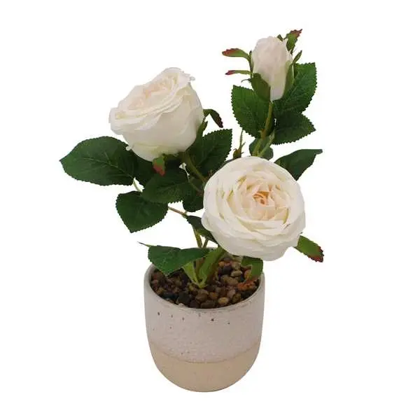 Precio al por mayor, rosa blanca personalizada, plantas falsas, palmera, simulación de flores artificiales en maceta a granel para decoración del hogar