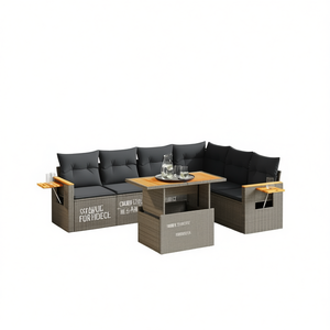 Set Divano da Giardino in Rattan Grigio 6 Posti, Arredamento da Esterno Contemporaneo Resistente alle Intemperie con Tavolo - Product Image 1