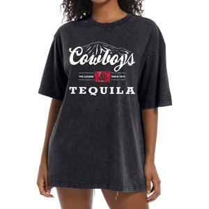 Camiseta Oversize Cowboys & Tequila para Mujer, Diseño Gráfico Vintage, Casual, Manga Corta, Lavable, Negra - Product Image 1