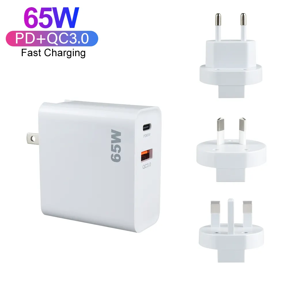 Top Sales GaN 65W Universal Fast Charging Wall Charger C+A Travel Adapter PD for Macbook iPhone Portable Power Plug 2 Ports