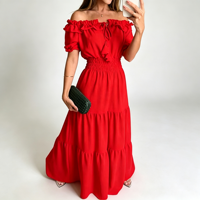 Robe longue à volants et épaules dénudées pour femme, taille élastique smockée, manches bouffantes, idéale pour les sorties estivales en station balnéaire ODMOEM