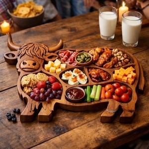 Tabla de charcutería de madera pulida con diseño de vaca, plato tallado para servir, bandeja seccional para queso y aperitivos para fiestas y cenas - Product Image 2