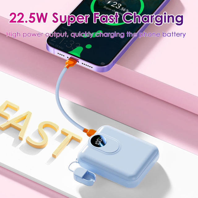 2026 Mini Ultra Thin Power Bank With Built in Lanyard Cable 20W Fast Charging 15W Wireless Charging Compact Portable for Travel