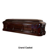 Ataúdes para adultos de estilo americano, de madera maciza de caoba africana, con acabado de alto brillo, interior de terciopelo rojo oscuro, tapa completamente abrible, para entierro.