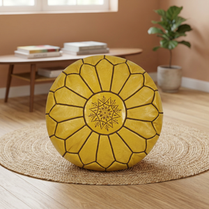 Housse de pouf ronde jaune brodée en cuir véritable faite à la main, personnalisable, style bohème, décoration intérieure unie - Product Image 1