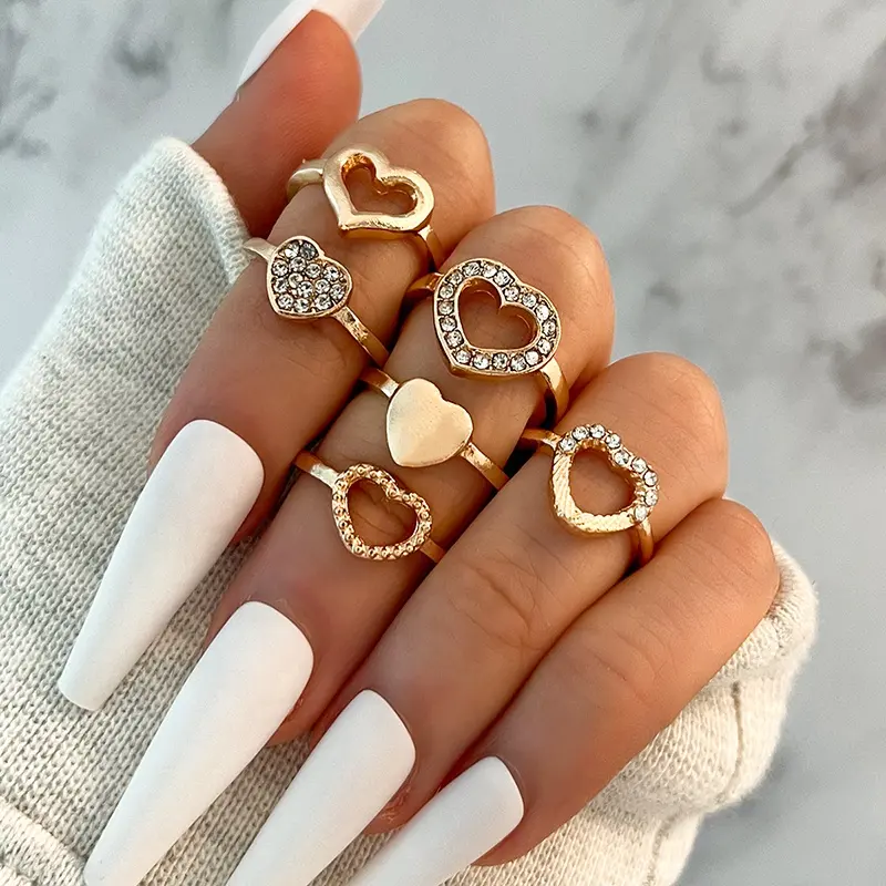 Sínlan 7 conjunto de anel feminino, conjunto de anel de joelheira de ouro com strass e design diferente para mulheres pçs/set