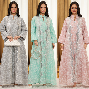 <strong>Zip</strong> Front Stand Collar Sequin Floral Print Abaya, Loose Wide Sleeve Muslim Maxi Dress Women Ethnic Long Kaftan <strong>Gown</strong> - Product Image 2