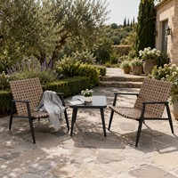 Ensemble bistro moderne d'extérieur 3 pièces avec sangles tressées couleur beige et table en métal noir