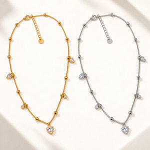 Women's Heart Charm Bead Station Necklace Stainless Steel Zircon 14K <b>Gold</b> Vacuum Plated Adjustable Chain <b>Gold</b> Silver Tone - Product Image 1
