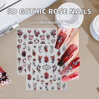 Autocollants 5D pour ongles motif rose gothique, décalcomanies florales romantiques sombres en forme de cœur et de épines, autocollants adhésifs DIY pour manucure