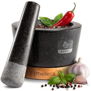 Juego de Mortero y Pilón de Alta Resistencia con Base de Madera, Molinillo de <span class=keywords><strong>Piedra</strong></span> de Granito 100% Natural, Parte Superior Ancha, Parte Inferior Estrecha - Product Image 1