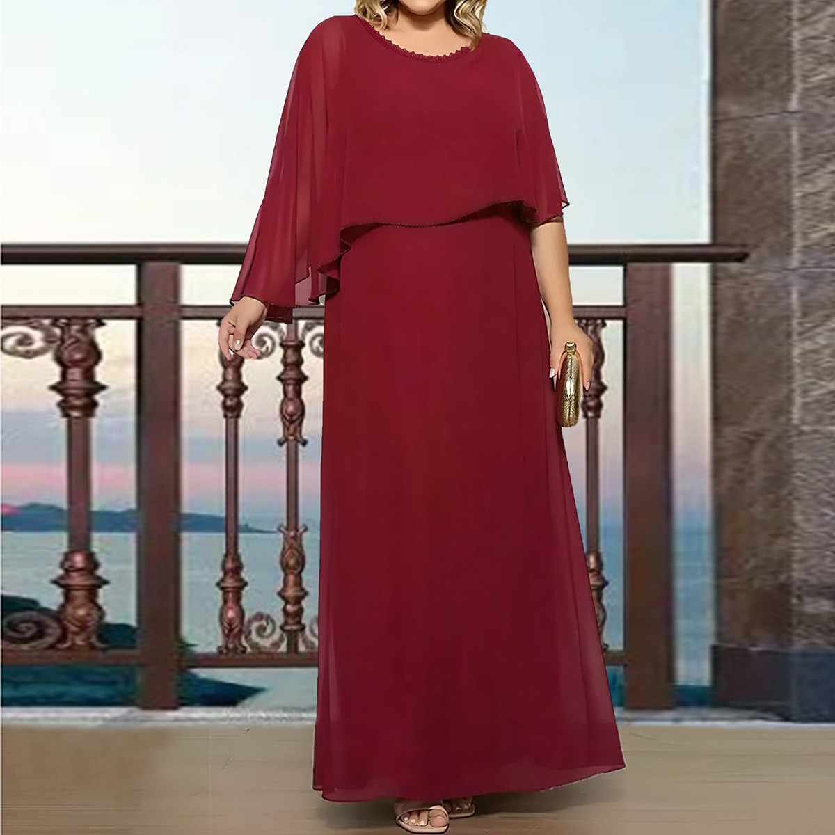 Plus size chiffon shawl bridesmaid dress wedding mom dress