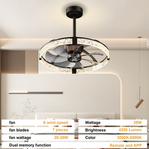 24'' Modern Crystal <b>Ceiling</b> <b>Fan</b> with Lights Dimmable LED <b>Remote</b> & APP <b>Control</b> Black andelier for Bedroom Living Room Kitchen - Product Image 6