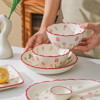 Service de table en céramique sous glaçure motif tulipe, compatible micro-ondes, bols à riz, assiettes carrées et rondes, collection élégante pour la maison
