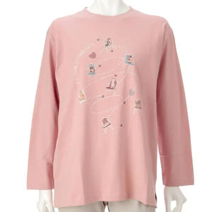 T-shirt pour femme à manches longues, col rond, ample, en coton, imprimé motif chat, broderie de lettres - Product Image 1