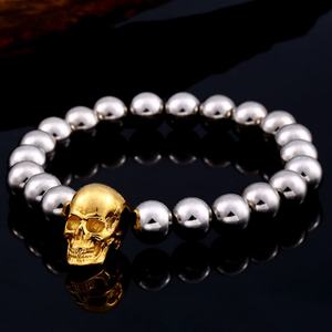 Edgy Punk Gold Skull Elastic <b>Beaded</b> <b>Bracelet</b> for <b>Men</b> Tactical 316L Stainless Steel Hypoallergenic Unisex Fashion Jewelry - Product Image 3