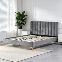 Cadre de lit de rangement rembourré en velours gris, moderne, avec tête de lit capitonnée verticale, confortable, pour chambre à coucher ou salon, sans sommier