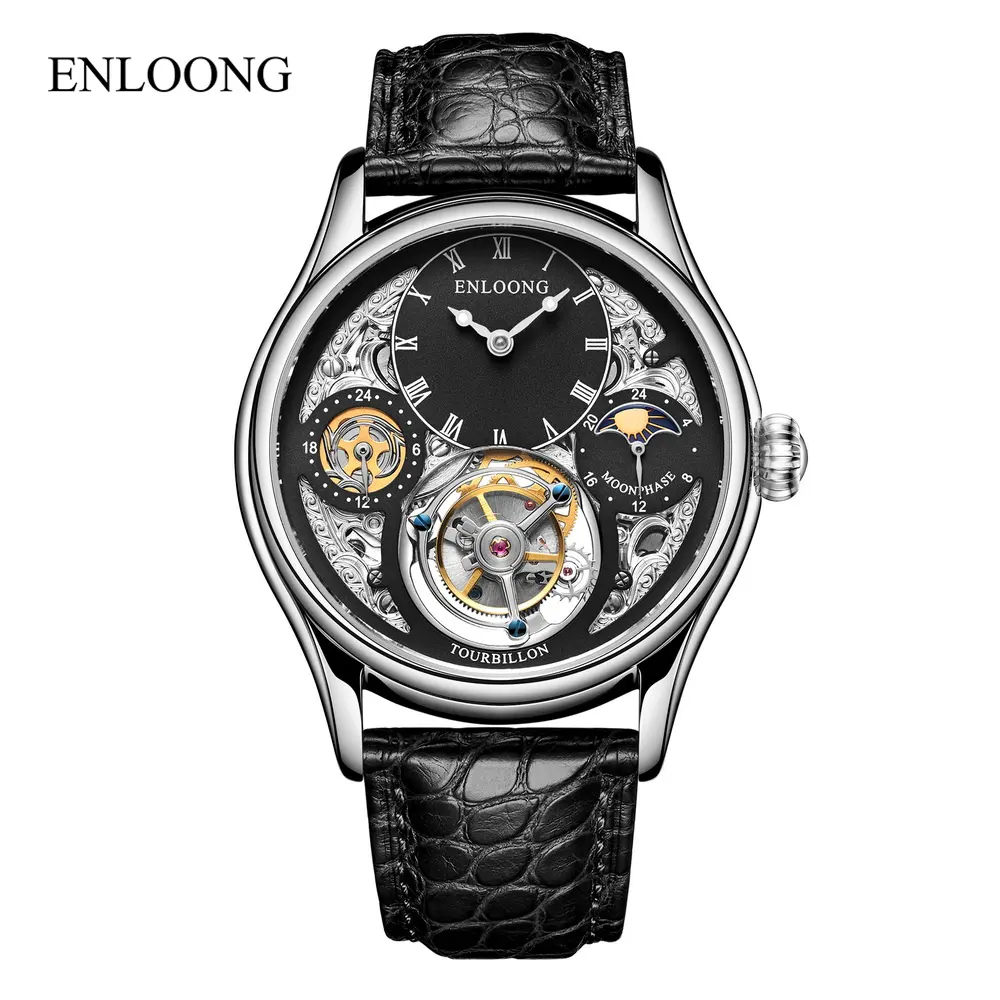 ENLOONG Best Affordable Luxury Tourbillon Watch GMT Watches Men Moon Phase Wristwatch Custom Logo Skeleton Tourbillon Watch