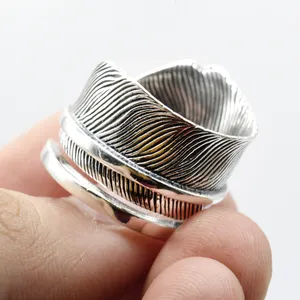 Vintage Indian Feather Men Women Ring 925 Sterling Silver Adjustable Punk Finger Ring for Lovers Antique Silver Jewelry