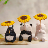 Statue d'animal en bois sculptée à la main et peinte, figurine mignonne de chat, grenouille, panda avec tournesol, petit ornement de table