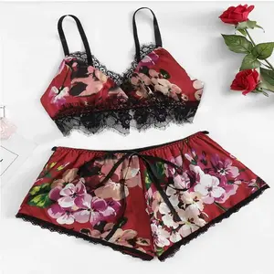 Womens Sleepwear Satin Silk Bowknot Print Shorts Pajama Lingerie Sets for Women Lace Strap Crop Top Camisole