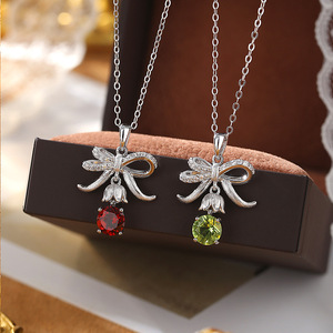 9 Colliers pendentifs délicats en argent sterling 925 avec grenat naturel de 6 mm taillé rond, motif fleur de cloche et nœud, bijoux pour femme, idéal pour un cadeau de fêtes - Product Image 2