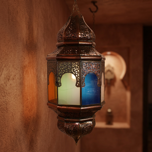OEM Customized Hanging <b>Moroccan</b> Metal <b>Lantern</b> With Colored Glass Panels For Home Decoration - Product Image 2