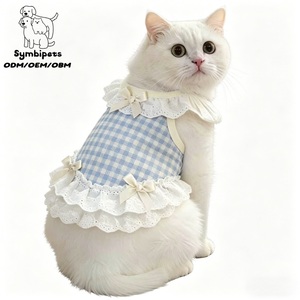 ชุดเดรสลายสก็อตสีน้ำเงินสำหรับสัตว์เลี้ยง น่ารัก ไร้แขนเสื้อ พร้อมโบว์ผูก ผ้าฝ้ายระบายอากาศ ชุดกระโปรงฤดูร้อนสำหรับสุนัขและแมวตัวเล็ก - Product Image 1