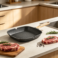 Poêle à griller carrée en aluminium moulé sous pression, revêtement antiadhésif granit sans PFOA, manche en bois, compatible induction, pour cuisson de steaks