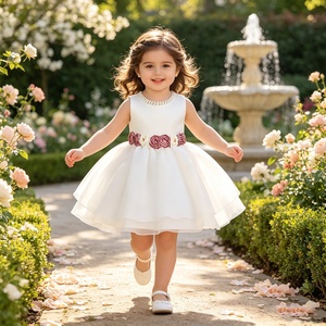 MQATZ Nuevo Estilo Vestido <span class=keywords><strong>de</strong></span> Gasa Doble Capa con Lazo <span class=keywords><strong>de</strong></span> Malla y Mezcla <span class=keywords><strong>de</strong></span> Algodón sin Mangas con Rosas 3D para Bebés - Product Image 1