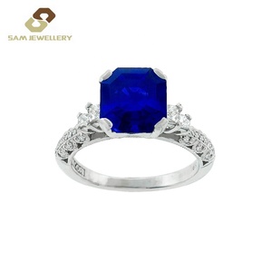 Argento solitario 925 Sterling 3 pietra Asscher taglio grande anello di zaffiro blu anello di fidanzamento per gli uomini - Product Image 6