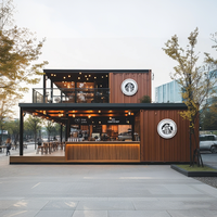 Simple Café & Roastery Featuring White Metal Stools and Linear Tiered Open Shelving Design