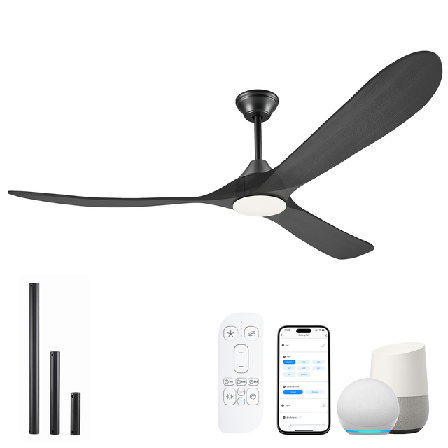 60 Inch Modern Black Wood Electric Ceiling Fan 3 Blades BLDC Motor Energy Saving Quiet Design Smart Alexa Remote APP Control