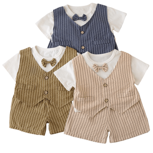 Nouvelle collection été 2025 : Ensemble deux pièces en coton rayé pour garçon, style coréen, avec <span class=keywords><strong>gilet</strong></span> à nœud papillon et manches courtes - Product Image 1