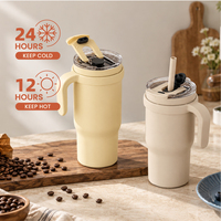 Gobelet isotherme personnalisé en acier inoxydable avec poignée et couvercle à paille rabattable, tasse de voyage isolée sous vide pour voiture, école, bureau