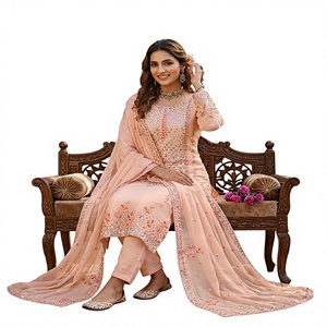 Conjunto de Salwar Kameez de Georgette Color Durazno de Lujo, Bordado con Lentejuelas y Hilos, Kurta Recta y Pantalón, Ropa para Bodas y Fiestas Indias y Pakistaníes - Product Image 1