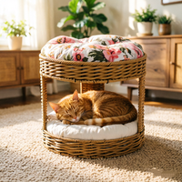 Lit pour chat en rotin PE tissé à la main, demi-cercle, artisanal, nid pour animaux de compagnie, utilisation en intérieur, panier tissé pour chaton, coussin lavable