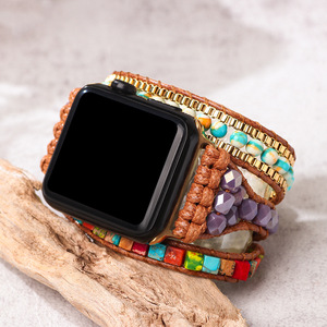 สายนาฬิกา Apple Watch สไตล์โบฮีเมียนประดับด้วยลูกปัดสีฟ้าเทอร์ควอยซ์ธรรมชาติ  งานทอผ้าแฟชั่นสำหรับ Apple Watch - Product Image 1