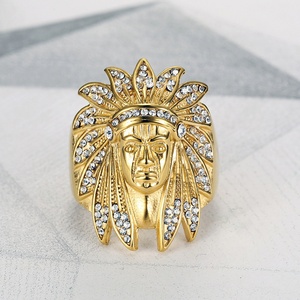 Hiphop <b>Indian</b> Head Chief <b>Ring</b> Crystal Gold Plated <b>Rings</b> for Men - Product Image 6